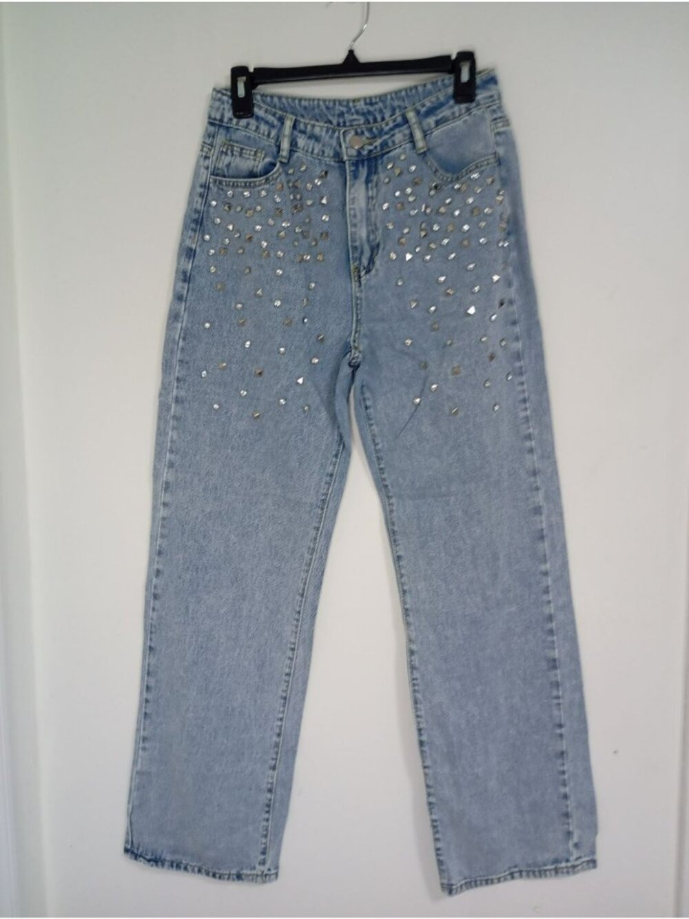 Studded Denim Jeans Rhinestone Details Size M High-Waisted Straight Leg - Picture 2 of 16